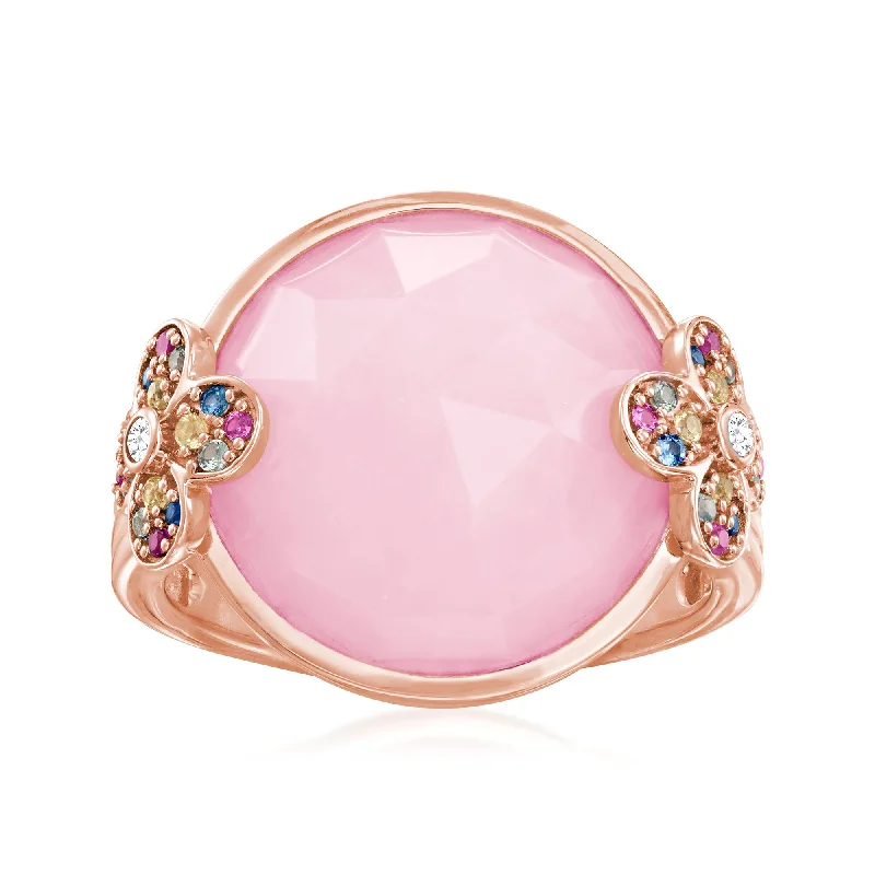 women mixed metal engagement rings -Ross-Simons Pink Opal and Multicolored Sapphire Floral Ring With White Topaz Accents in 18kt Rose Gold Over Sterling