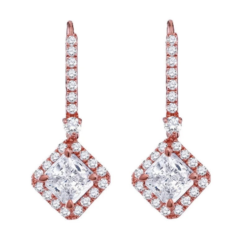 women hoop earrings -14KT Rose Gold Plated Sterling Silver Princess Cut Cubic Zirconia Leverback Earrings