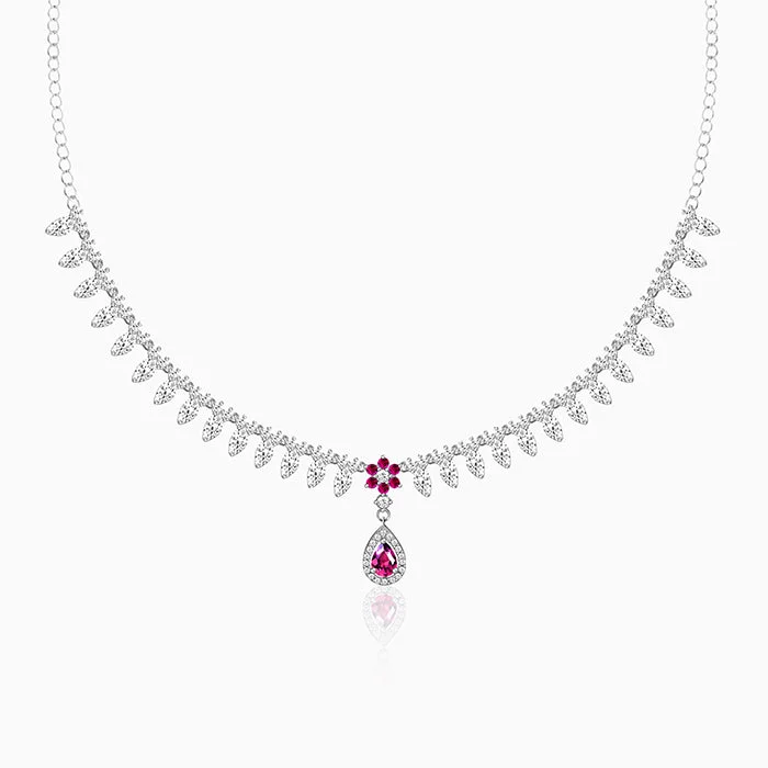 women sapphire necklaces -Silver Pink Flower Drop Necklace