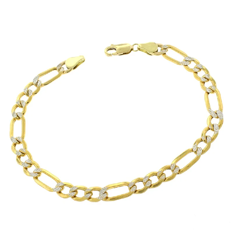 women adjustable bangles -10k Yellow Gold 6mm Hollow Figaro Link Diamond Cut Two-Tone Pave Bracelet Chain 8"