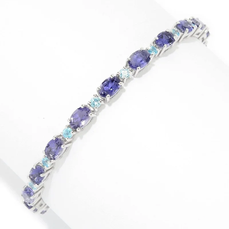 women charm bracelets -Sterling Silver 7.25" Oval & Round Iolite and Swiss Blue Topaz Line Bracelet