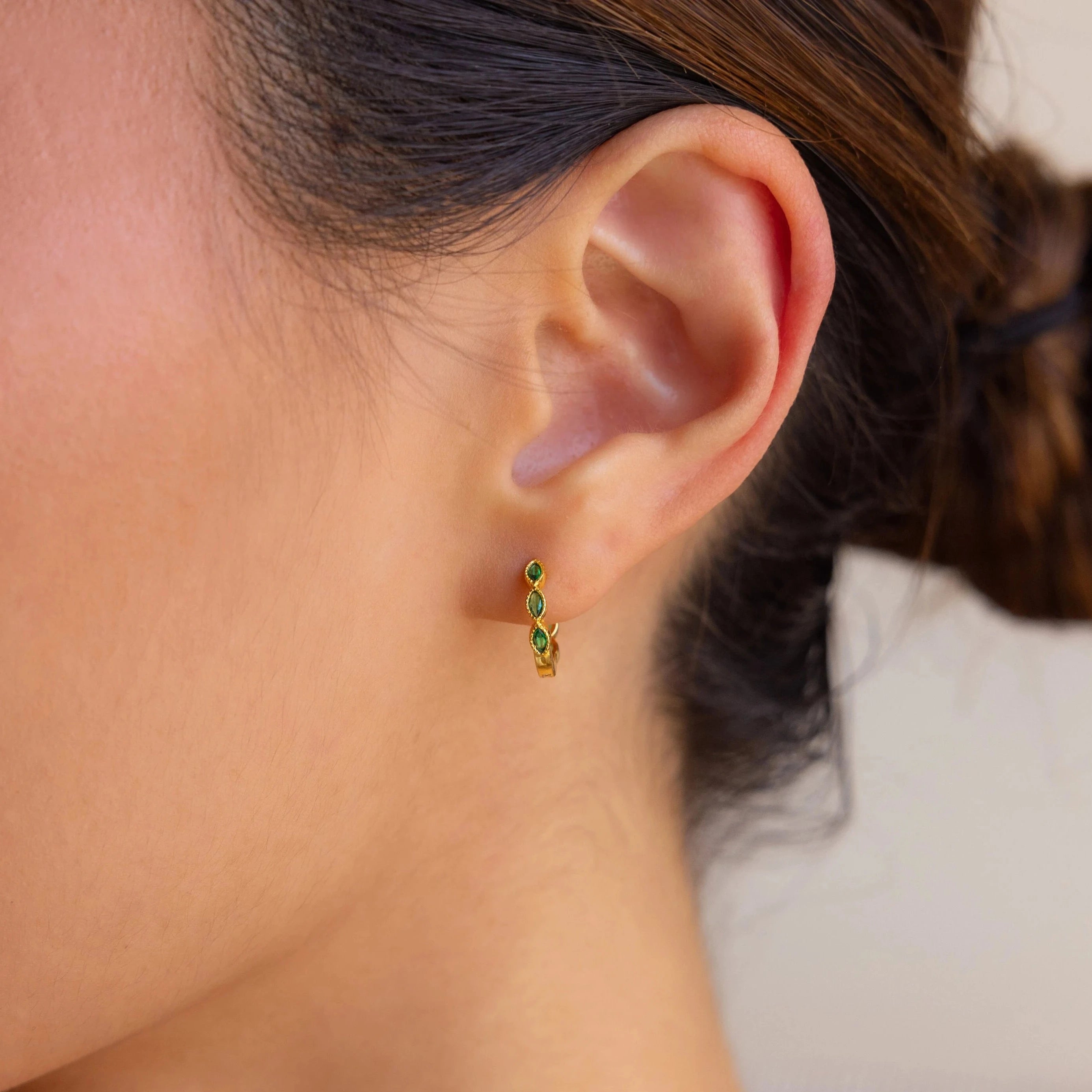 women pearl stud earrings -Emerald Marquise Inlay Huggies