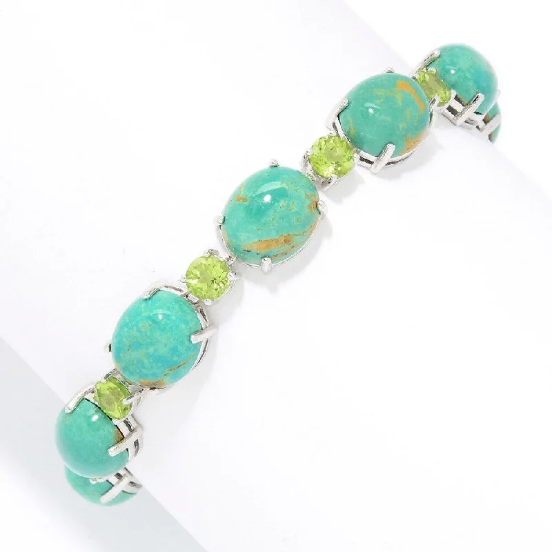 women gold-plated bangles -Sterling Silver 7.25" Oval & Round Tyrone Turquoise Line Bracelet