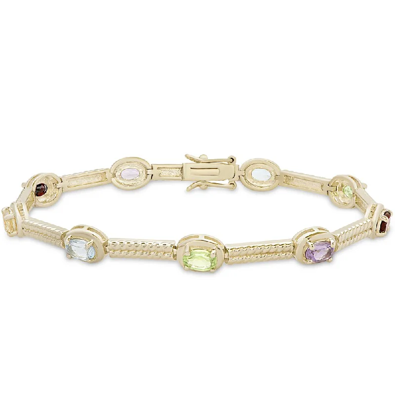 women vintage bracelets -Dolce Giavonna Sterling Silver Multi Gemstone Oval Link Bracelet