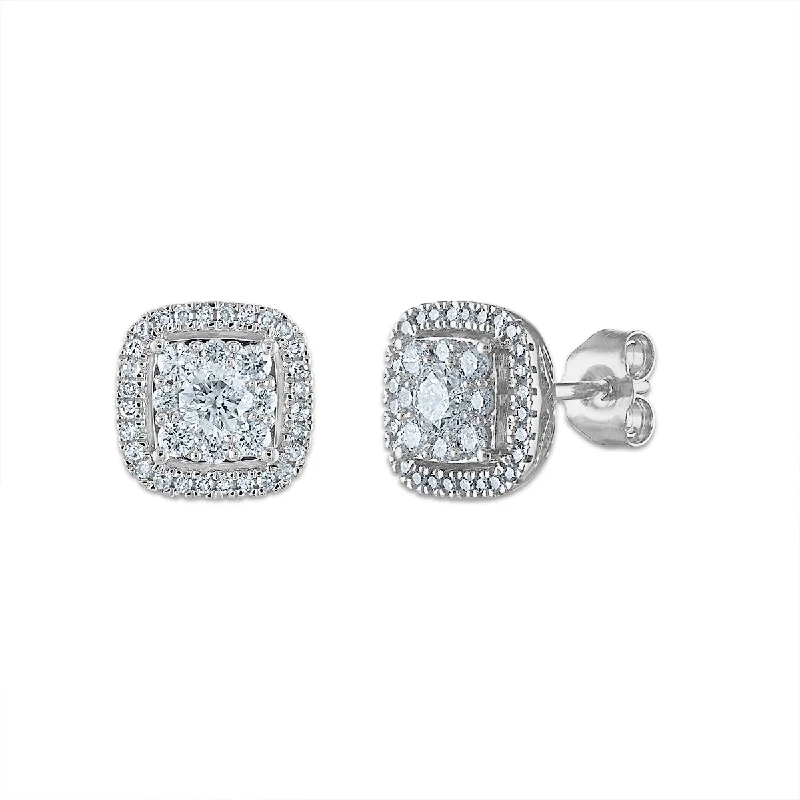 women shimmering earrings -Signature 3/4 CTW Diamond Halo Stud Cushion Earrings in 14KT White Gold