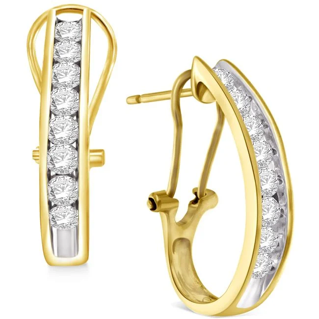 women bridal earrings -1 CTW Diamond Hoop Earrings in 10KT Yellow Gold