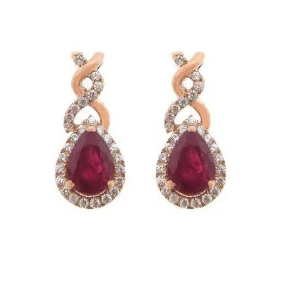 women fashion-forward earrings -6X4MM Pear Ruby and Diamond Stud Twist Earrings in 10KT Rose Gold