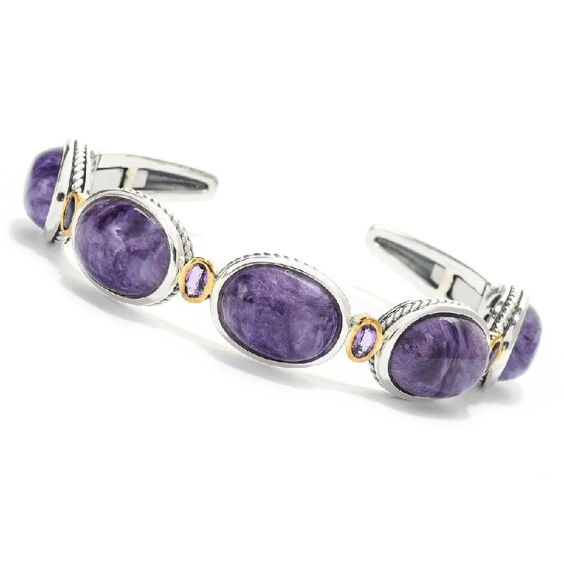 women gold-plated bangles -Sterling Silver 16 x 12mm Charoite & Amethyst Cuff Bracelet