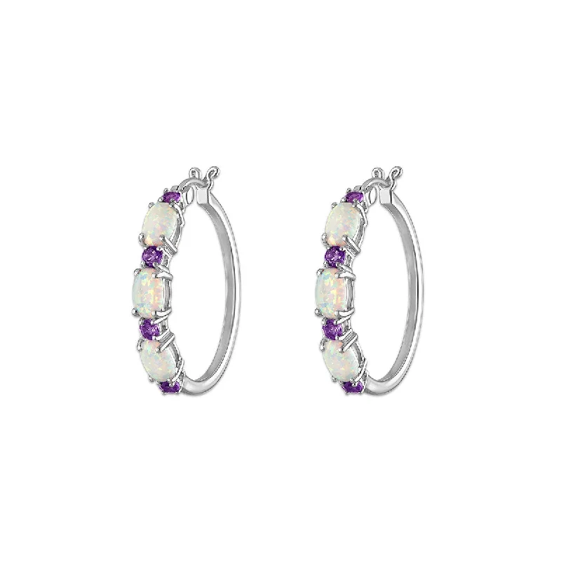 women romantic earrings -6X4MM Oval Opal and Amethyst Hoop Earrings in Rhodium Plated Sterling Silver