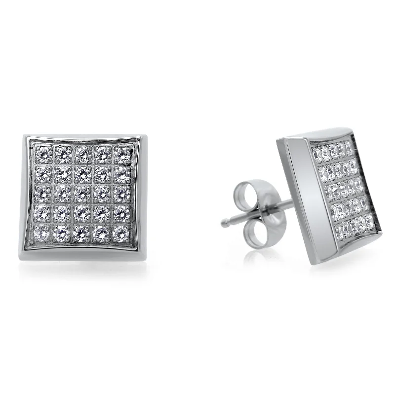 women pearl earrings -Stainless Steel Square Stud Earrings with 1/4 CTW Pave Diamonds