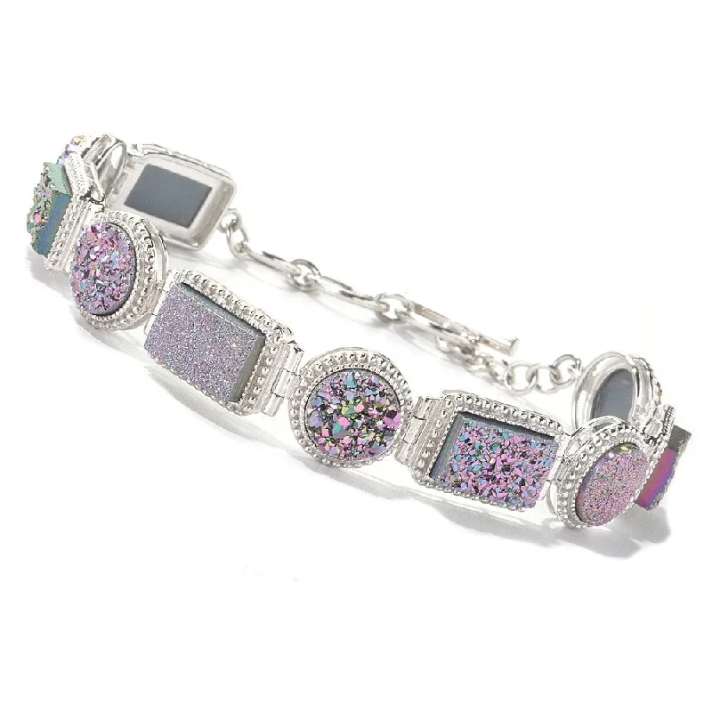 women delicate bracelets -Sterling Silver 8" Rectangular & Round Pink Drusy Link Bracelet