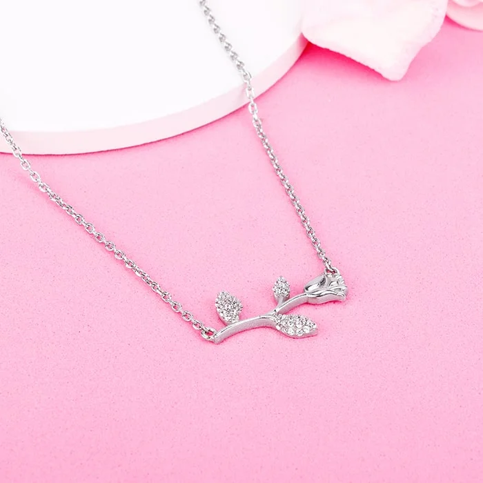 women layered necklaces -Silver Zircon Studded Rose Necklace