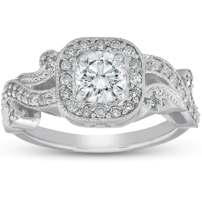 women vintage diamond engagement rings -1 Ct Diamond Vintage Cushion Halo Vine Band Engagement Ring 14k White Gold