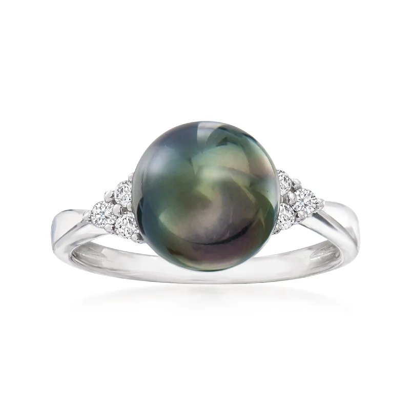 women exclusive engagement rings -Ross-Simons 9-9.5mm Black Cultured Tahitian Pearl and . Diamond Ring in Sterling Silver