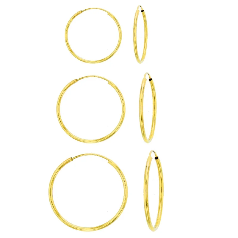 women cubic zirconia earrings -14KT Yellow Gold 1MM Wide 3-Pair 10MM, 12MM & 14MM Hoop Earrings