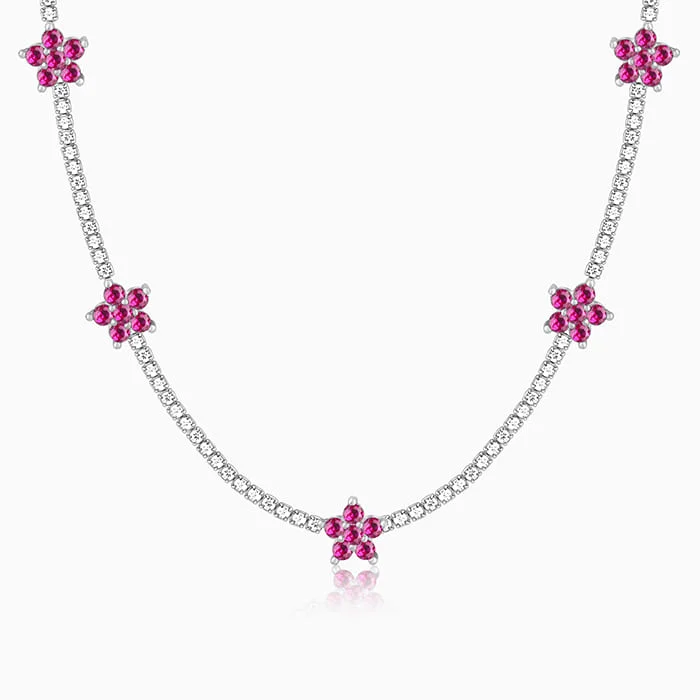 women geometric necklaces -Silver Pink Floral Necklace