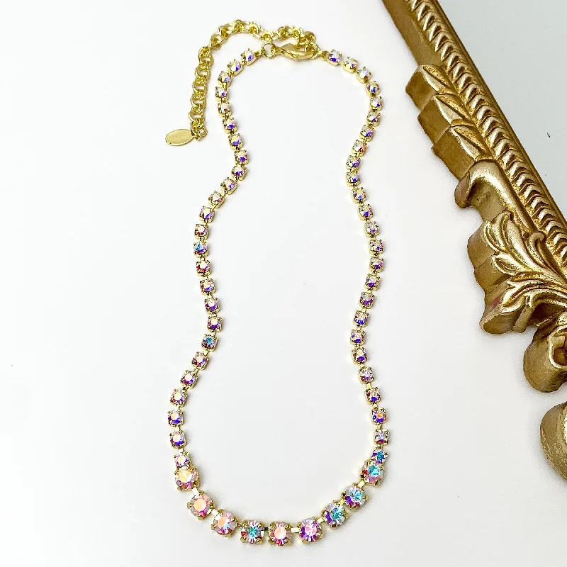 women boho necklaces -Sorrelli | Audrianna Crystal Tennis Necklace in Bright Gold Tone and Aurora Borealis