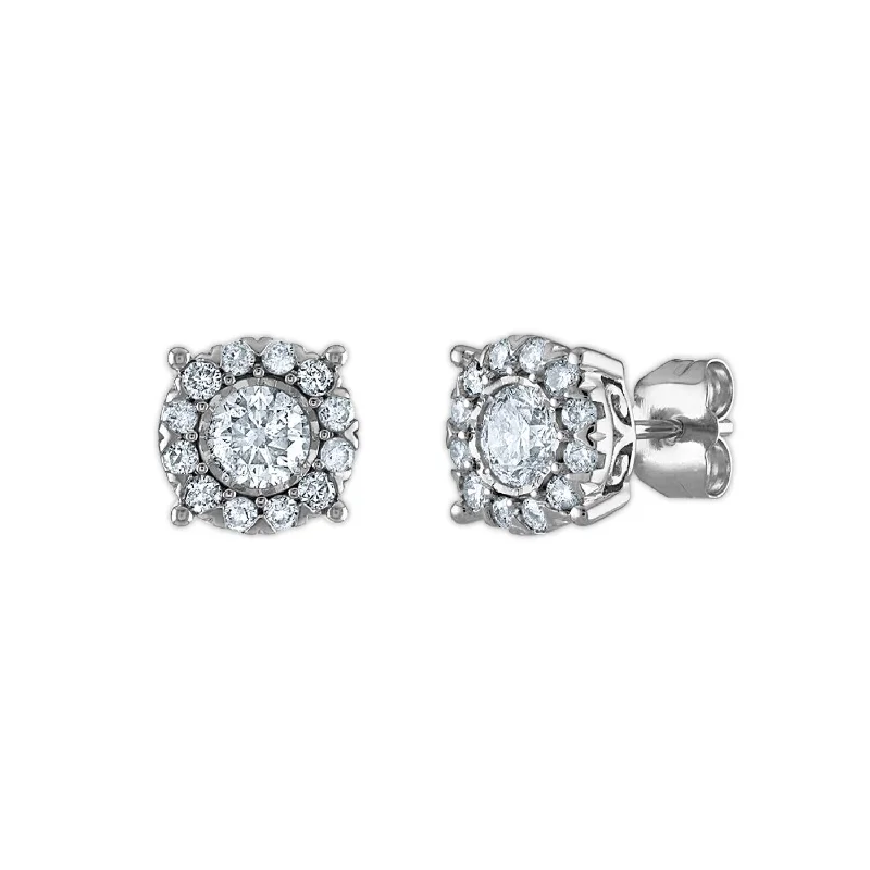 women eco-friendly earrings -1 CTW Diamond Halo Stud Earrings in 14KT White Gold