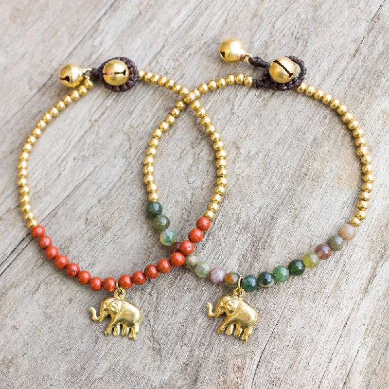 women silver bracelets -Set of 2 Brass 'Stylish Elephants' Jasper Bracelets (Thailand)