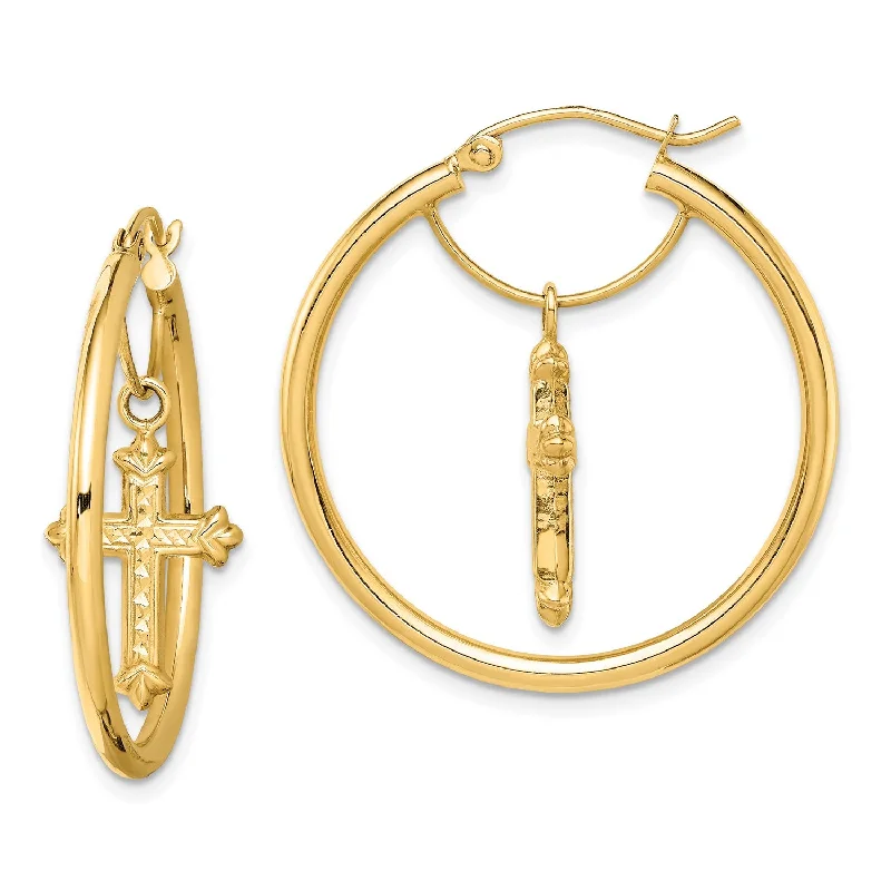 women custom earrings -14KT Yellow Gold Diamond-cut Cross Hoop Earrings