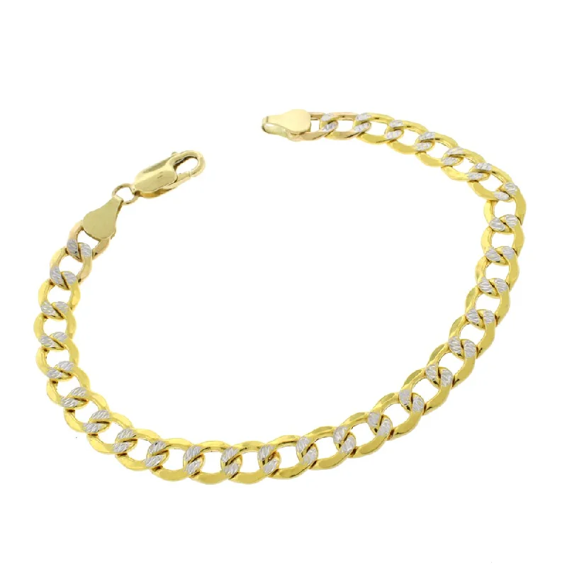 women gold bangles -14k Yellow Gold 7mm Hollow Cuban Curb Link Diamond Cut Two-Tone Pave Bracelet Chain 8"