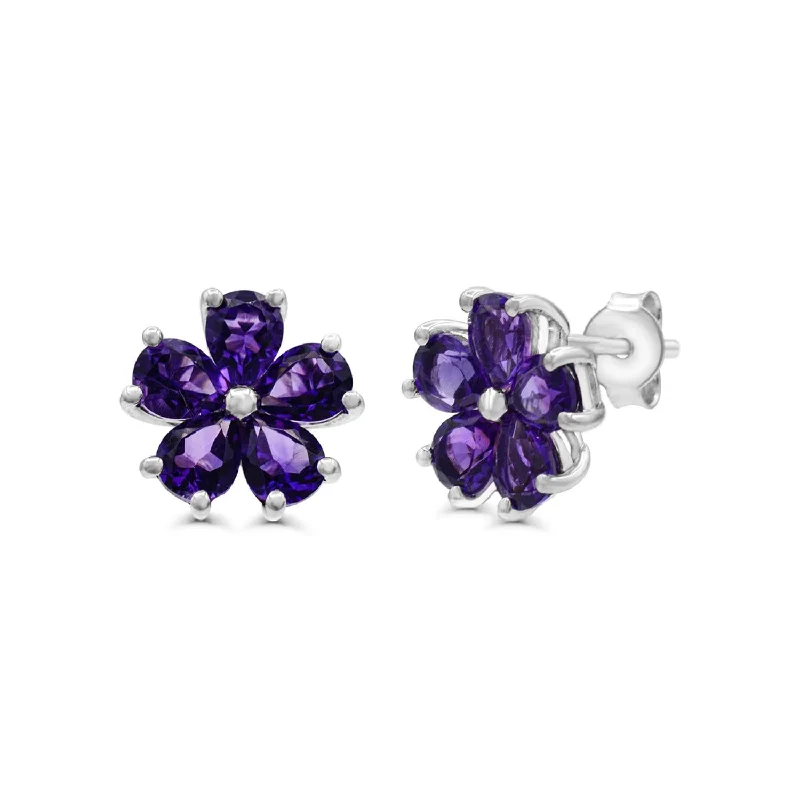 women fashion-forward earrings -Amethyst Flower Stud Earrings in Sterling Silver