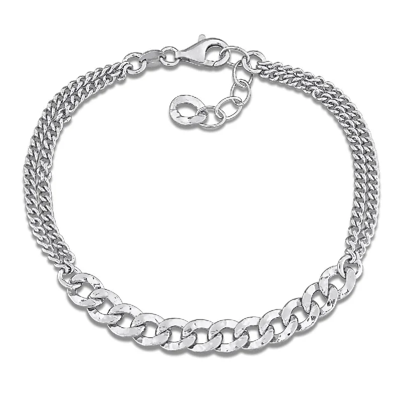 women leather bracelets -Miadora Double Row 2.4mm Curb 6.3mm Hammered Link Bracelet Sterling Silver