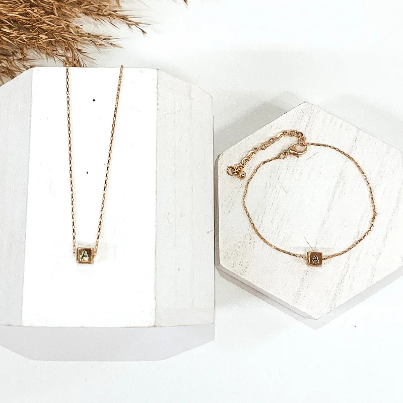 women chunky necklaces -Initial Box Charm Necklace and Bracelet Duo in Gold