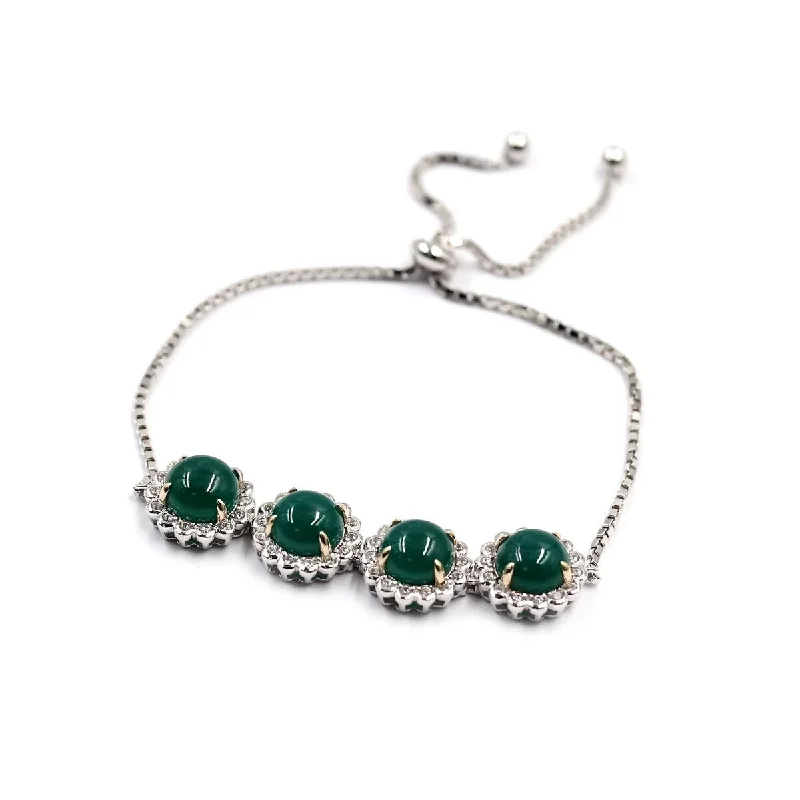 women bangle bracelets -925 Sterling Silver Green Agate and White Natural Zircon Bolo Bracelet