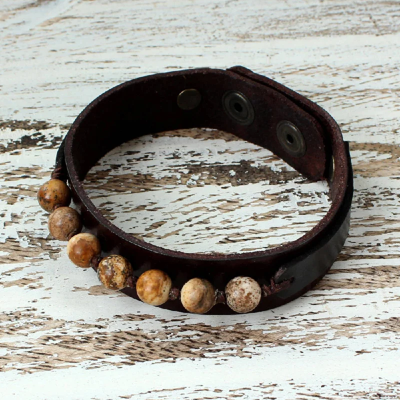 women classic bangle bracelets -Handmade Men's Leather 'Rock Party' Jasper Bracelet (Thailand)