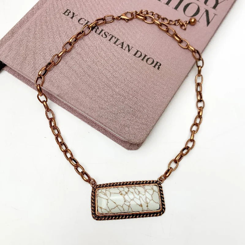 women geometric chain necklaces -Copper Tone Necklace With Marbled Rectangle Pendant