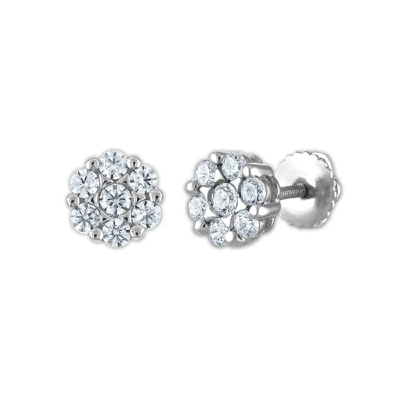 women statement gold earrings -EcoLove 3/4 CTW Lab Grown Diamond Cluster Stud Flower Shaped Earrings in 14KT White Gold