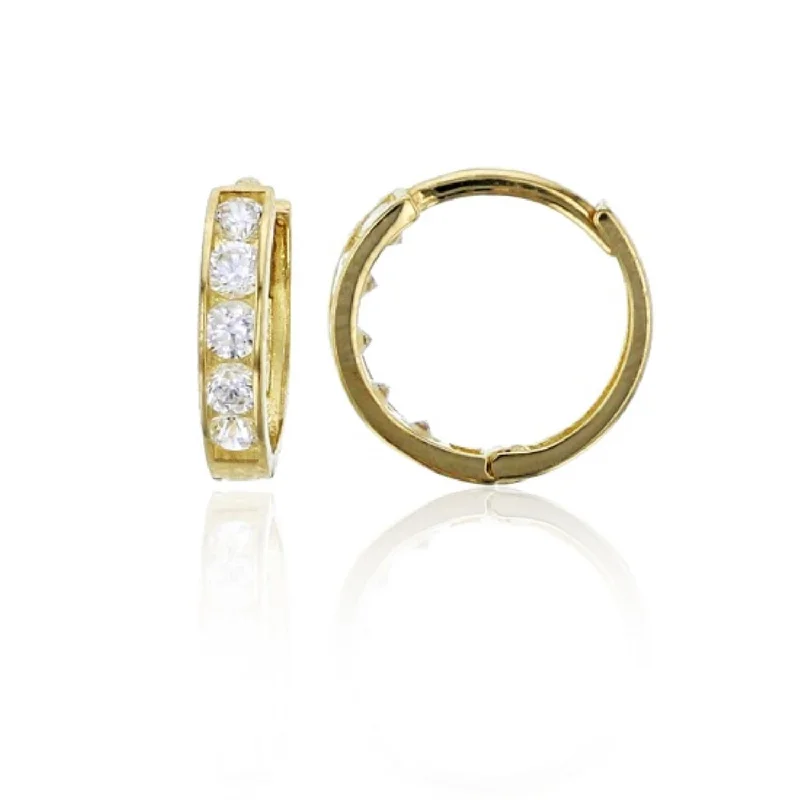 women simple earrings -14KT Yellow Gold Cubic Zirconia 2X10MM Huggie Earrings