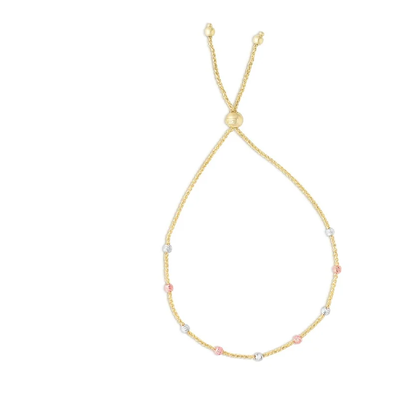 women gold-plated bangles -Curata 14K Yellow Gold 9.25" Stationed Beads Bolo Friendship Bracelet