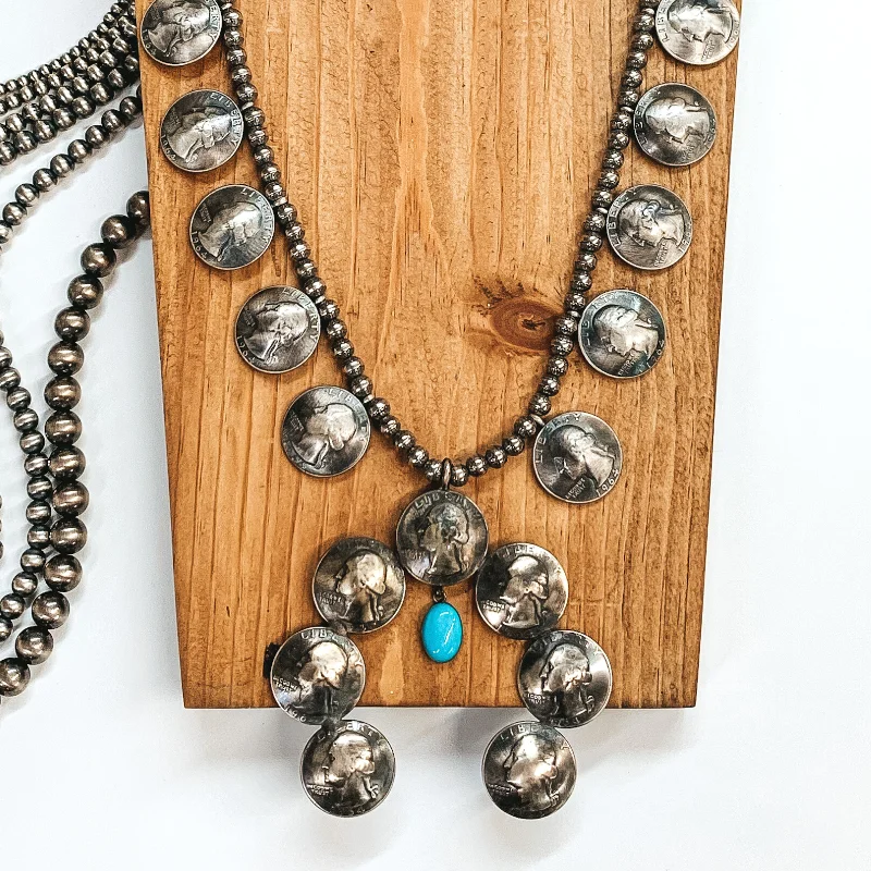 women charm necklaces -Navajo | Navajo Handmade Vintage Sterling Silver Quarter Naja Necklace with Hanging Turquoise Stone