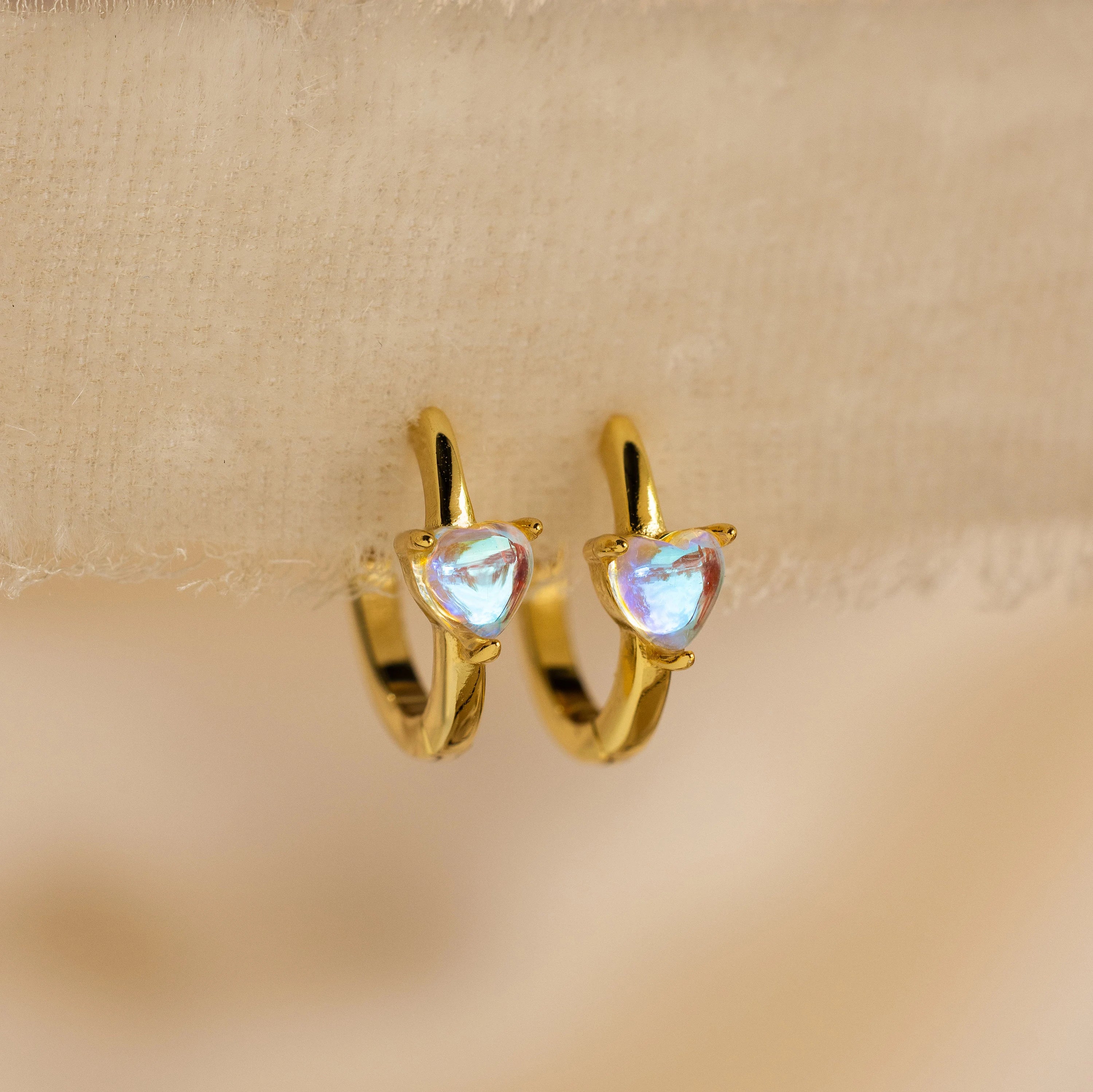 women modern earrings -Moonstone Heart Huggies