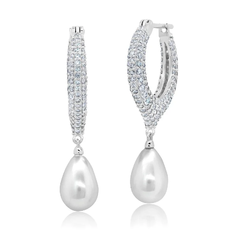 women silver earrings -Crislu Shell Pearl and Cubic Zirconia Earrings in Platinum Plated Sterling Silver