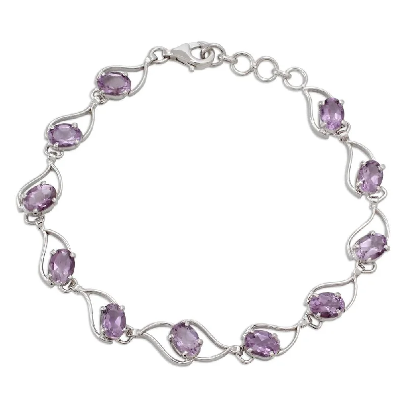 women luxury bangles -Handmade Sterling Silver Amethyst Link Bracelet, 'Lilac Waves' (India)