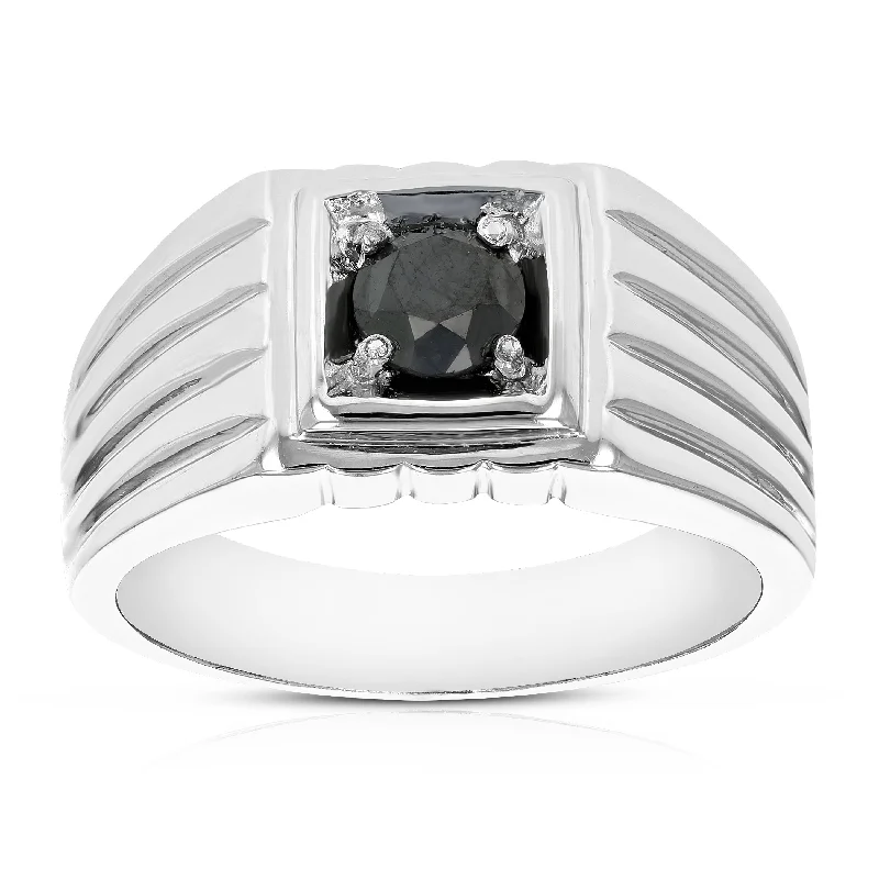 women pave engagement rings -3/4 cttw Men's Black Diamond Engagement Ring Solitaire .925 Sterling Silver