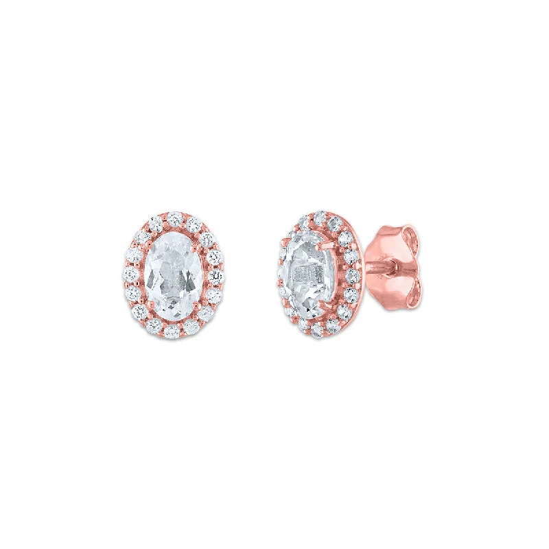 women big earrings -6X4MM Oval Topaz and Sapphire Birthstone Halo Stud Earrings in 10KT Rose Gold