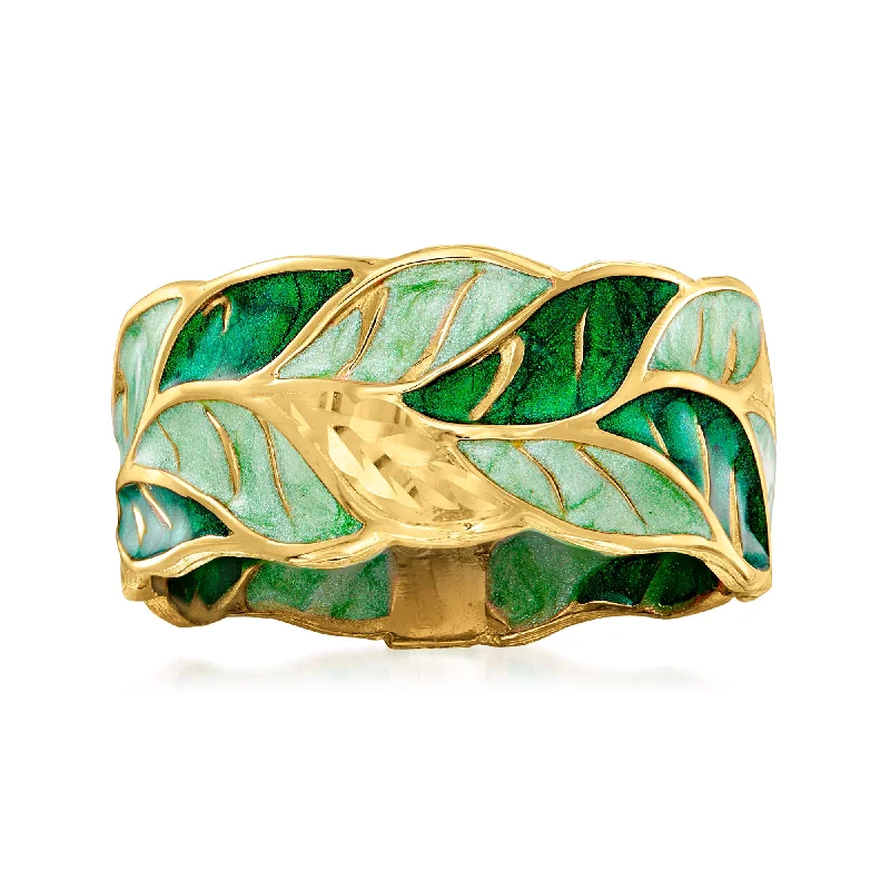 women wedding and engagement rings -Ross-Simons Italian Green Enamel Leaf Ring in 14kt Yellow Gold