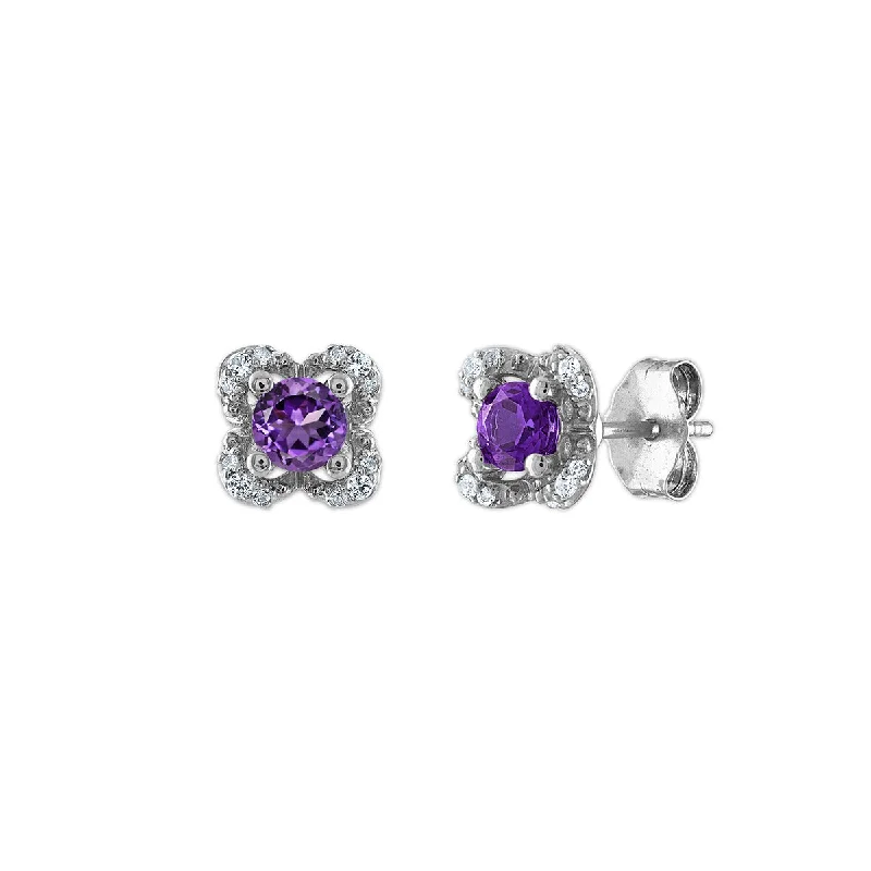 women minimalistic earrings -4MM Round Amethyst and White Sapphire Birthstone Flower Halo Earrings in Sterling Silver