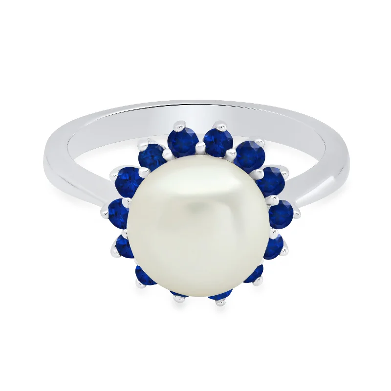 women diamond wedding rings -Sterling Silver 9MM Cultured Pearl and Created Blue Sapphire Ring Size 7