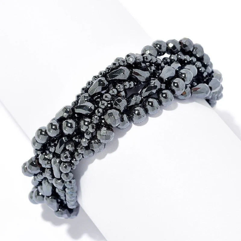 women bracelets -Dallas Prince Sterling Silver 8.75" Braided Hematite Bead Toggle Bracelet. Collection: Dallas by Night.