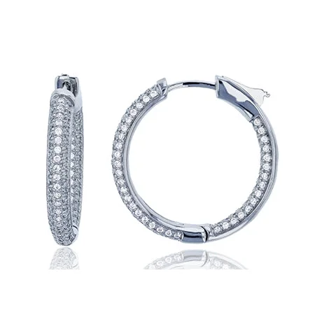 women chandelier earrings -Sterling Silver Cubic Zirconia 3X25MM Safety Clasp In & Out Hoop Earrings