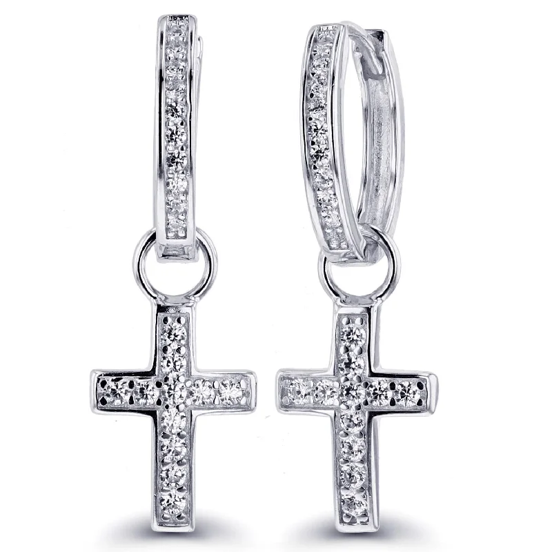 women fashion-forward earrings -Luxe Layers Rhodium Plated Sterling Silver Round Cubic Zirconia 9X30MM Cross Hoop Drop & Dangle Earrings