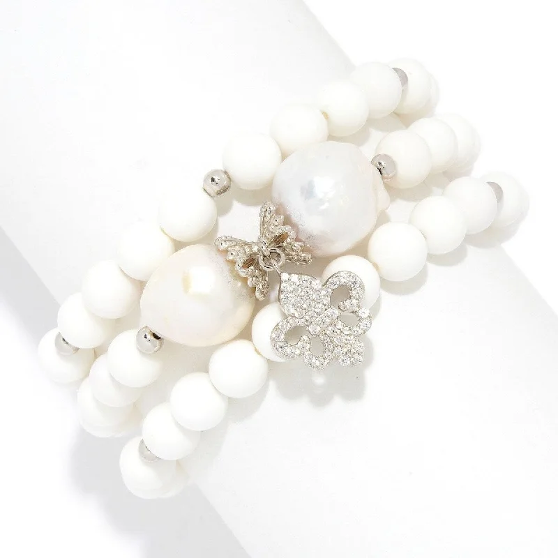 women wedding bangles -Dallas Prince Choice of Size Gemstone, Cultured Pearl & Charm 3-Strand Beaded Bracelet