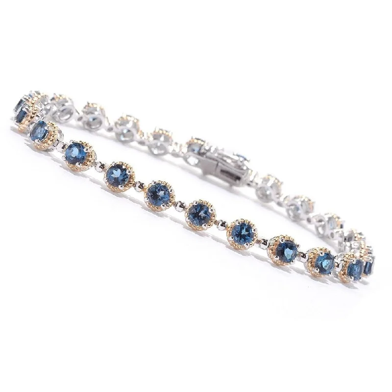 women bracelets -Two-tone Sterling Silver 7.5" Round London Blue Topaz Line Bracelet