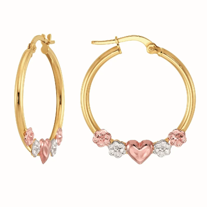 women romantic earrings -10KT Tri-Color Gold Heart Flower Hoop Earrings