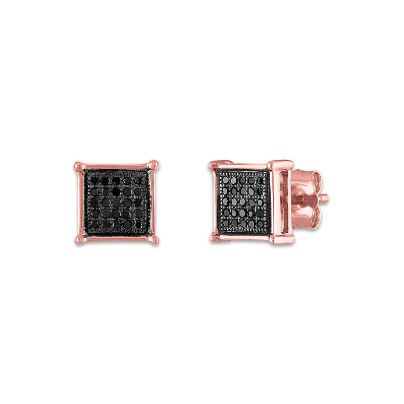 women heart-shaped earrings -1/6 CTW Diamond Cluster Stud Treated Black Earrings in 10KT Rose Gold